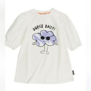 LOUD APPAREL Organic Cotton Girls White Puff Sleeve “Oopsie Daisy” Dress Size 14